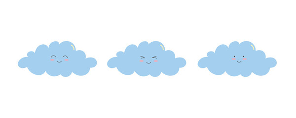 Set of cute clouds with various emotions. Cartoon character in flat style. Template for baby design