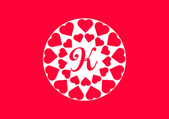 K letter logo with love icon, valentines day design template
