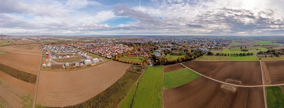 Drone panorama over Hessian town Friedberg during the day in autumn