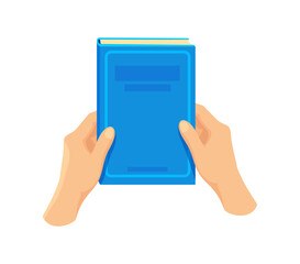 Hands holding textbook. Student hold closed blue school book literature, flat icon cartoon vector illustration