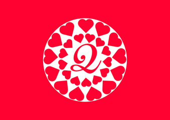 Q letter logo with love icon, valentines day design template
