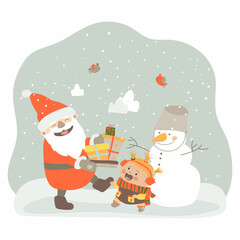 Jolly Santa Claus gives a child Christmas presents. A little girl is happy with presents. Vector illustration in cartoon style on white background. Isolate, hand drawing. For print, web design.