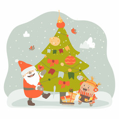Santa Claus gives a child Christmas presents. A little girl is happy with presents. The Christmas tree is decorated. Vector illustration in cartoon style on white background. Isolate, hand drawing. 