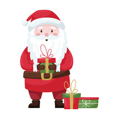 A cute cartoon Christmas Santa in a red suit and hat is holding a gift in his hands. Santa Claus is smiling. Adorable character in a flat style. Isolated on a white background. Vector illustration.