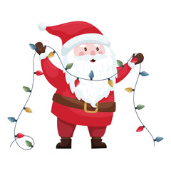 A cute cartoon Christmas Santa in a red suit and hat holds a festive garland with light bulbs in his hands. Santa Claus is smiling. Adorable character in a flat style. Isolated on a white background.