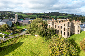 Fototapeta na wymiar Aerial view of the historic town of Raphoe and the castle remains in County Donegal - Ireland