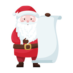 A cute cartoon Christmas Santa in a red suit and hat holds an unfolded scroll, a papyrus with an empty space for the text. Adorable character is smiling. Flat style. Isolated on white. Vector.