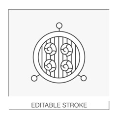  Party line icon. Fry shrimp on low fire on a grill oven. Food preparation. BBQ concept. Isolated vector illustration. Editable stroke