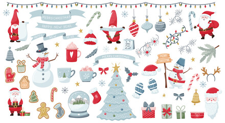 Collection of design elements for Christmas decorations. Cute cartoon gnomes,Santa,snowman and Christmas attributes. Set of Christmas characters and elements isolated on white. Vector illustration