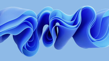 3d render, abstract fashion background with blue wavy ribbons, folded cloth macro