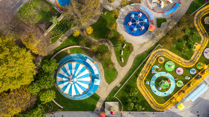 Aerial view of the Rome amusement park located in the Eur district. The park is closed.