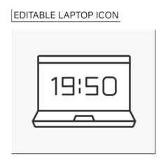  Computer line icon. Digital clock on computer screen. Alarm clock. Laptop concept. Isolated vector illustration. Editable stroke