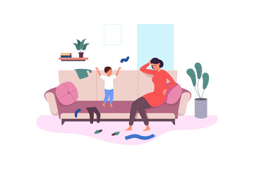 Maternal headache. Parenting stress, anxiety child made mess in room, vector illustration