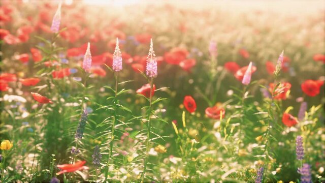wild field of flowers at sunset