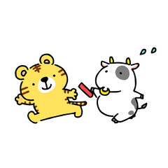 新年バトンタッチ！牛と虎のバトンリレー