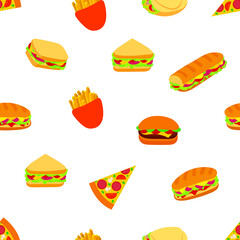 Vector seamless pattern, fastfood background, flat icons, sandwiches, pizza, French fries on white background, background template.