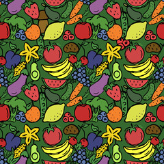 Colored seamless pattern with vegetables and fruits icons. vector food icons
