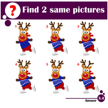 The educational kid matching game for preschool kids with easy gaming level, he task is to find similar objects, to compare items and find two same deer