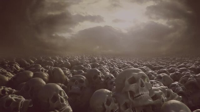 Field of human skulls. Slow dolly in shot. 3D animation. Symbol of war, destruction, carnage, armageddon.