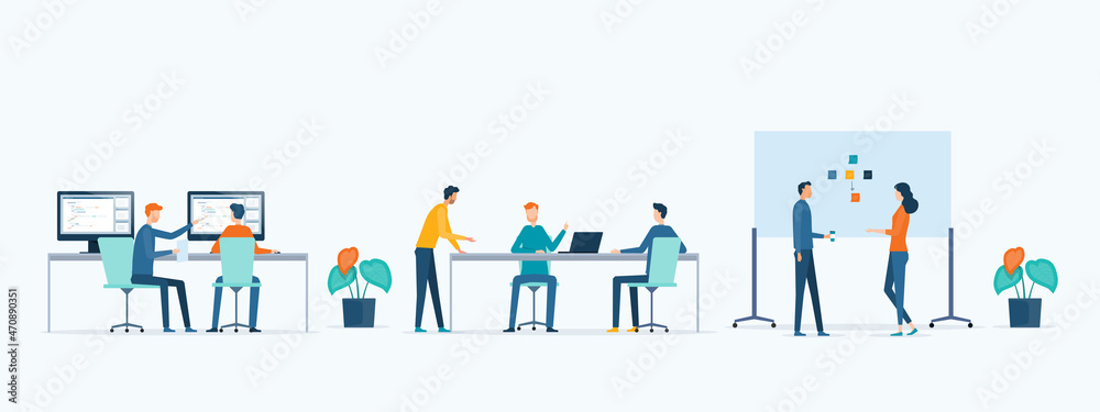 Poster flat vector group of people business team working and project collaboration process meeting concept 