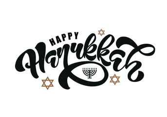 Happy Hanukkah hand drawn lettering with menorah.  Vector Illustration.