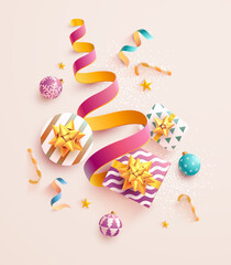 New year decoration with Christmas tree. Colored gift boxes, balls and golden ribbon.