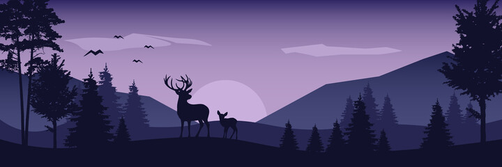 Deer with a small fawn against the background of a dark forest. Landscape vector illustration.
