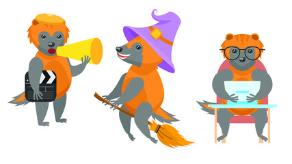 Set Abstract Collection Flat Cartoon 
Different Animal Wolverines Director Shouts Through A Megaphone, Flying On A Broomstick  Working On Laptop Vector Design Style Elements Fauna Wildlife