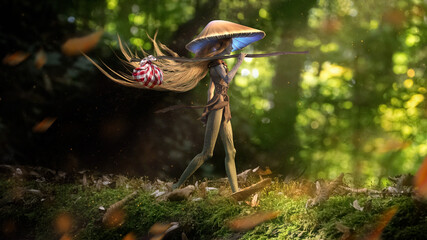 A charming young dryad girl with a mushroom head carelessly travels through a green forest with a small bag on a stick, she has long blonde hair, her heels walk on green moss. 3d - obrazy, fototapety, plakaty