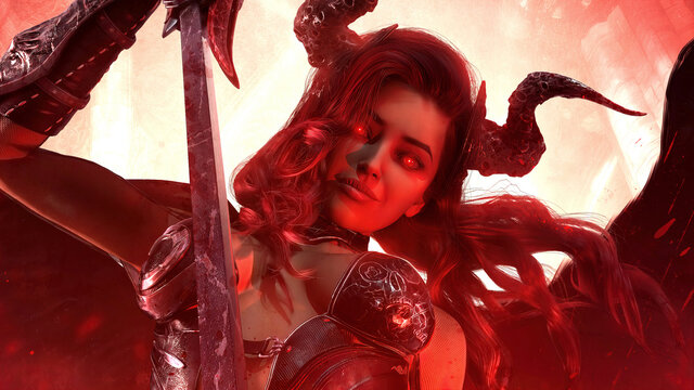 A sinister charming and sexy succubus woman with black wings, a bloody rusty sword, smiling looks with her red demonic eyes, she has an ideal body and face, her plate armor shines. 3d