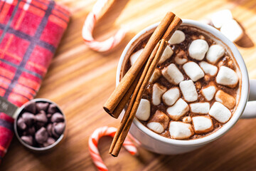 Overhead Hot Chocolate with Marshmallows and Cinnamon Sticks on a Wood Background