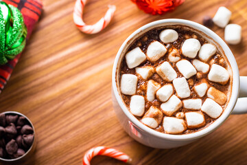 Fototapeta na wymiar Overhead Hot Chocolate with Marshmallows on a Wood Background