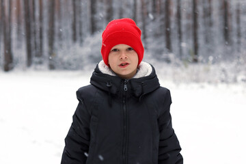 A child in a red hat in winter in the forest portrait