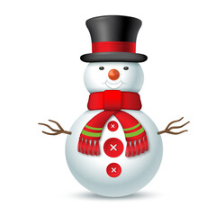 Christmas snowman with top hat and red scarf isolated on white background. Vector illustration