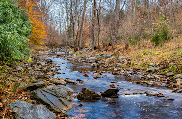 Meadow Creek as it flows through Meadow Creek Park in Charlottesville, Virginia, in late autumn.