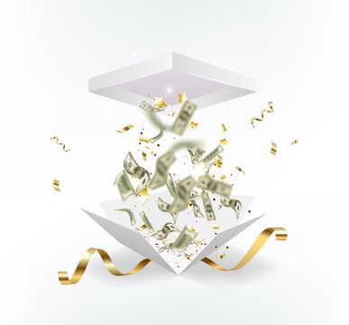 Dollar Paper Currency Explosion And Flying Out The Box. Win Money Prizes Vector Banner.