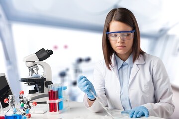 Serious concentrated young medical scientist, pharma chemist, biotech company employee, lab...