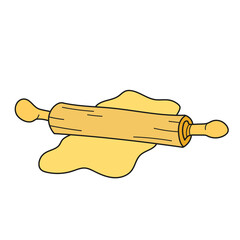Simple cartoon icon. Kitchen - Rolling pin and dough. Vector hand drawn illustration on white