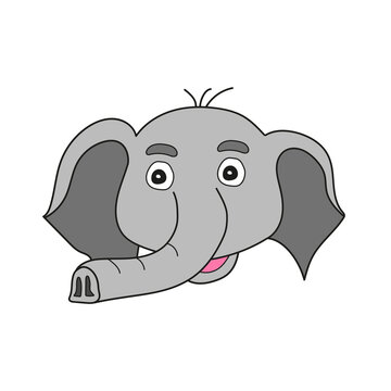 Simple cartoon icon. Elephant - grey cartoon head. Vector hand drawn illustration on white