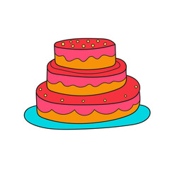 Simple cartoon icon. Sweet cake on plate. Vector hand drawn illustration on white