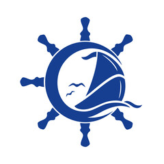 Nautical logo with a sail boat inside steering wheel. yacht symbol, regatta and travel concept