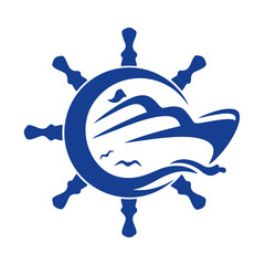 Boat logo with wheel. Nautical logo with a yacht, a large ship inside steering wheel. yacht symbol, regatta and travel concept