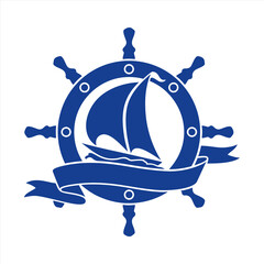 Nautical logo with a sail boat inside steering wheel. tape for the inscription. yacht symbol, regatta and travel concept