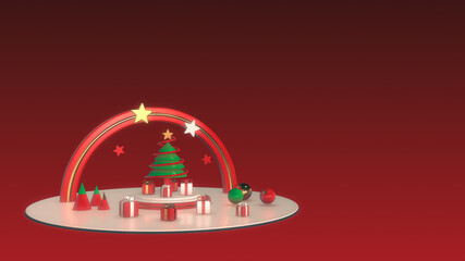 christmas illustration, christmas tree on a pedestal with gift boxes, star and other decorations, copy space (3d render)