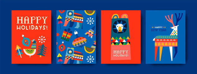 Happy holiday cute winter folk animal card set