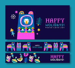 Happy holiday new year folk bear banner card set