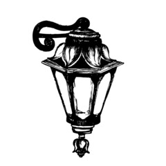 Doodle street lamp with forging. Vintage lantern. Sketching