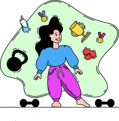 Cartoon fitness woman with sports equipment. Vector illustration.