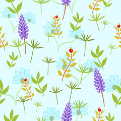 Seamless floral pattern in soft pastel tones for graphic design, packaging, textures, wallpaper, fashion, decoration, backgrounds, forest motifs, natural nature styles
