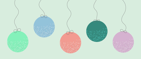 Merry christmas banner with hanging glitter shiny christmas balls in pastel colours. Vector illustration.